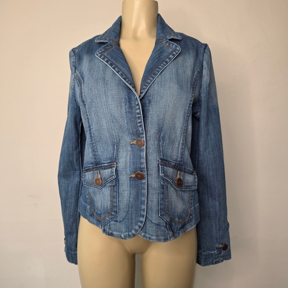 H&M Denim Blazer Women Size 10 Blue Jean Jacket Fitted 2-Button Flap Pockets